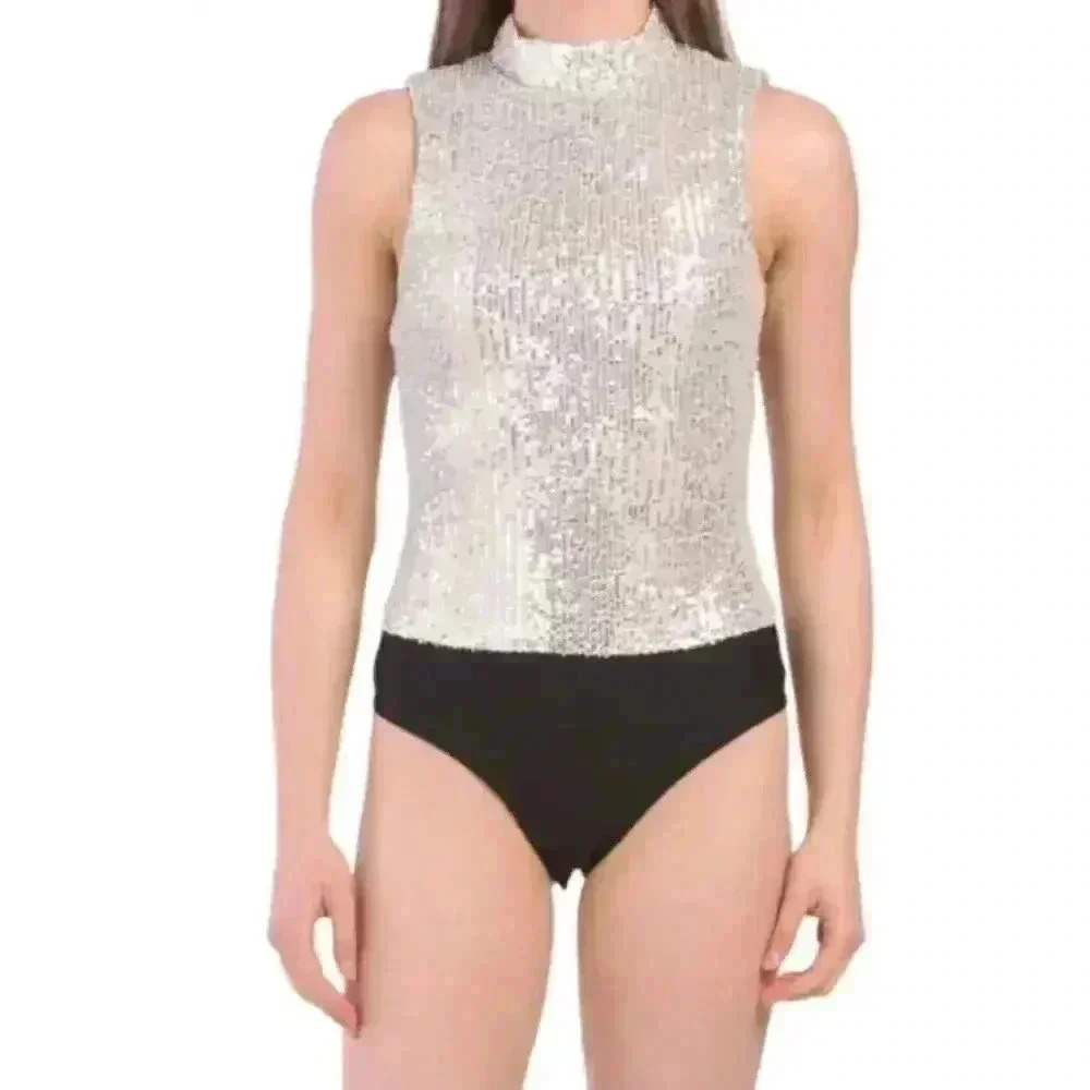 NWT 7 For All Mankind Sequins Bodysuit Silver High Neck Sleeveless Glam Size M